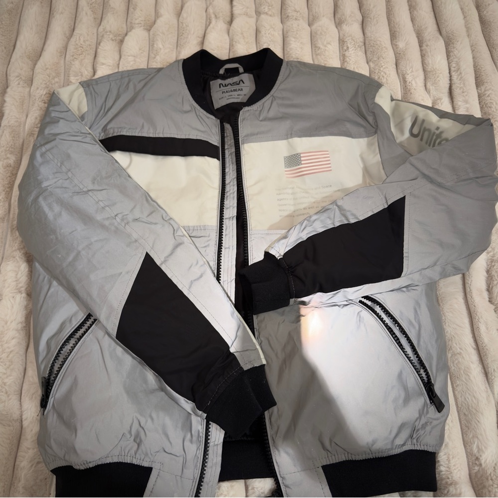 Pull&Bear Reflective Bomber Jacket - Silver and B… - image 3